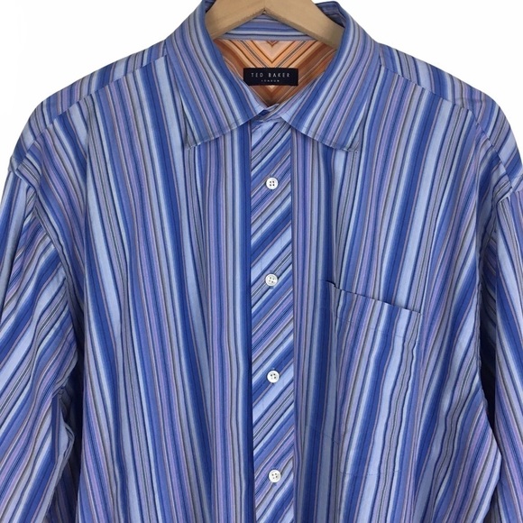 TED BAKER LONDON Button Up Dress Shirt Blue Stripe Classic Neck 17.5 Size 36/37 - Picture 2 of 11